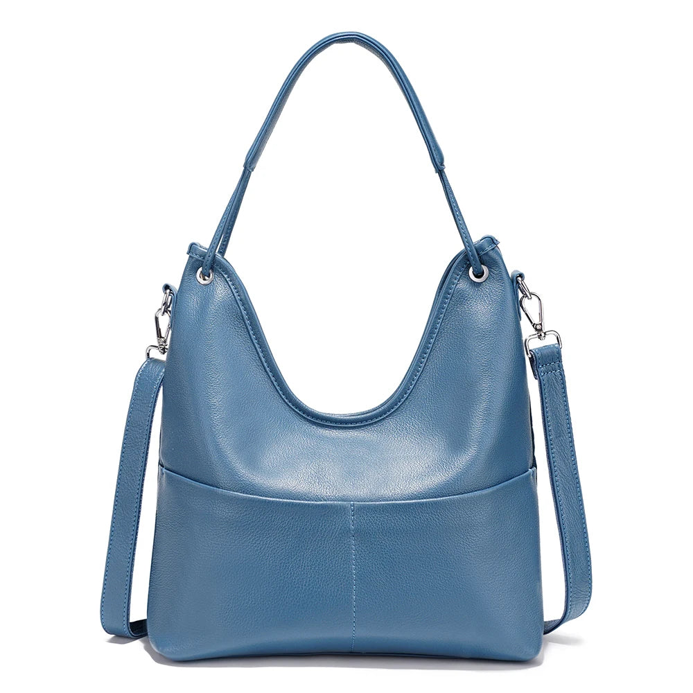 Bolsa de Ombro de Couro Genuíno Celeste