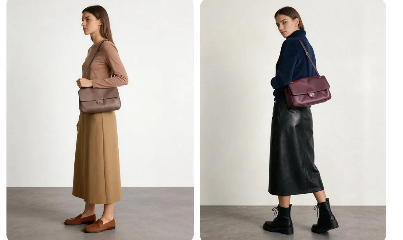 Bolsa Turim taupe e vinho usada no ombro | Vivièn