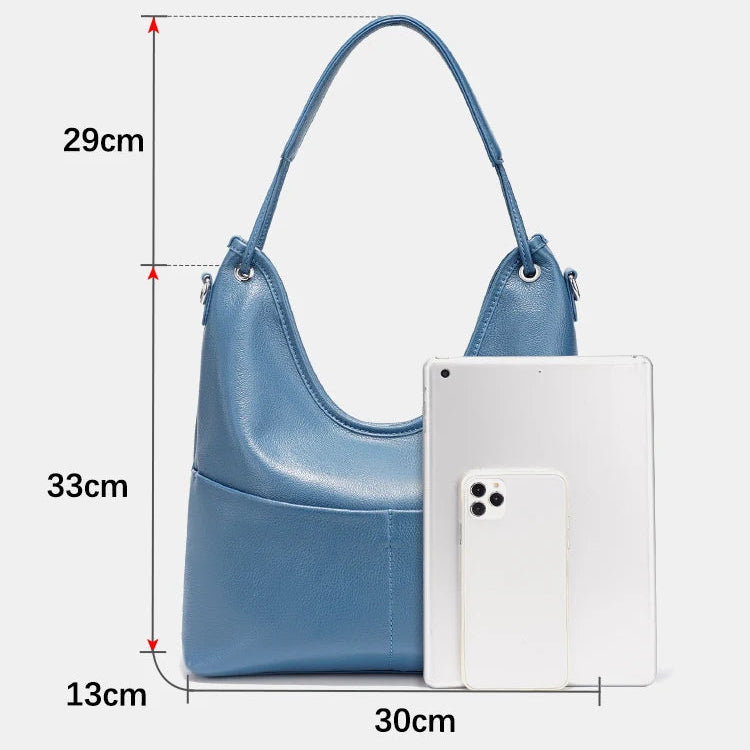 Bolsa de Ombro de Couro Genuíno Celeste