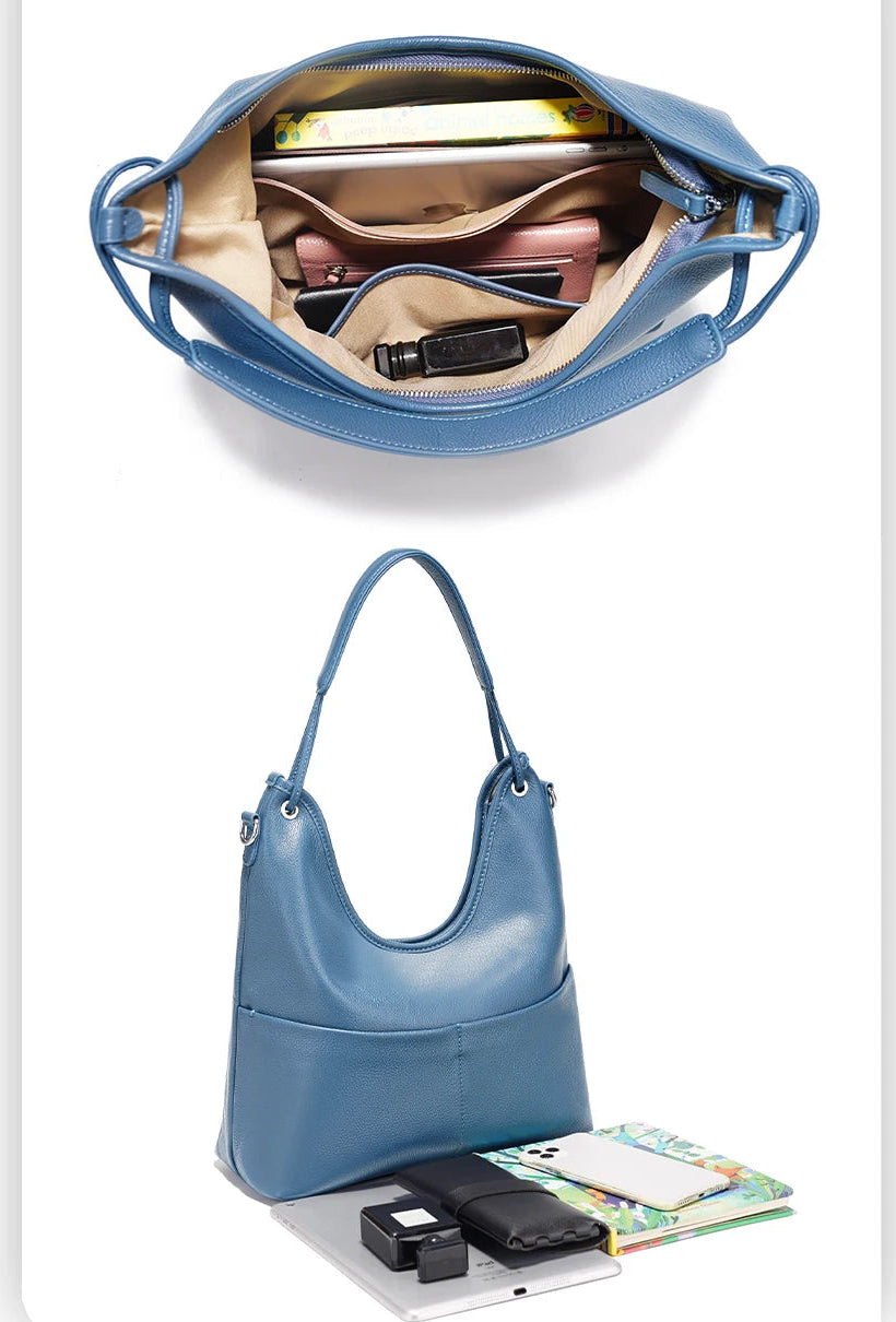 Bolsa de Ombro de Couro Genuíno Celeste