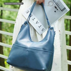 Bolsa de Ombro de Couro Genuíno Celeste