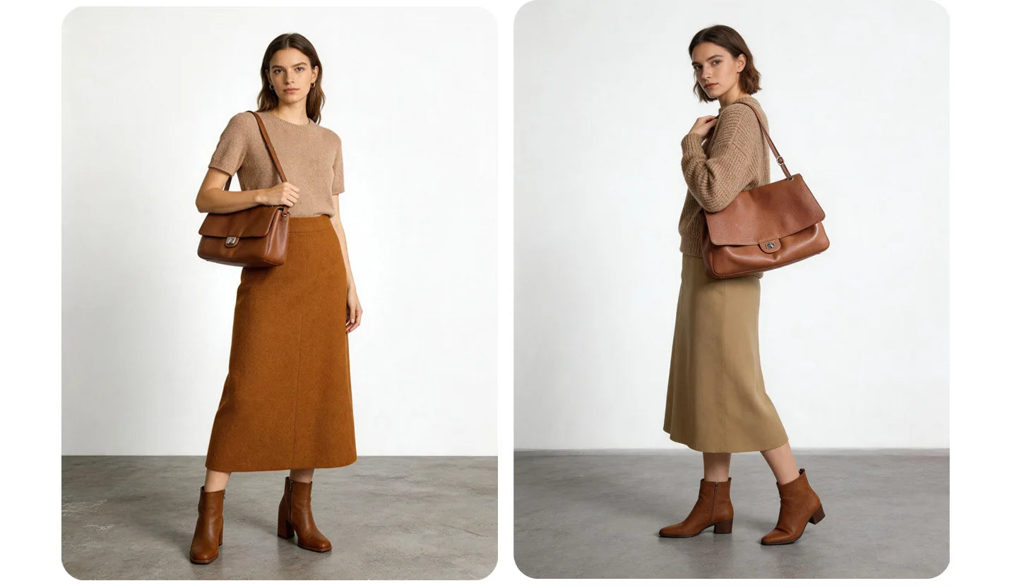 Bolsa Turim taupe e caramelo em looks femininos | Vivièn