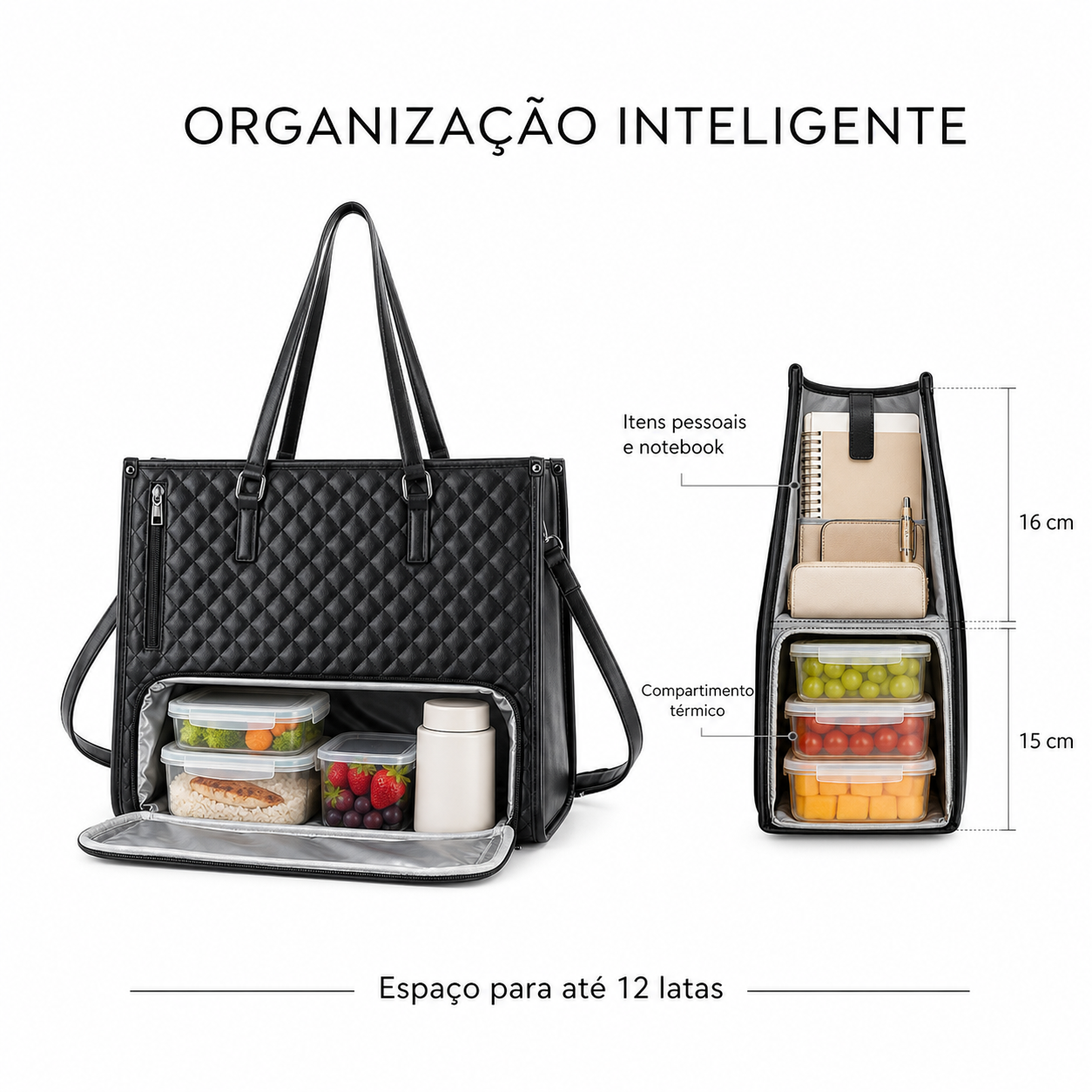Organização interna e compartimento térmico da Bolsa Tote Workday | Vivièn
