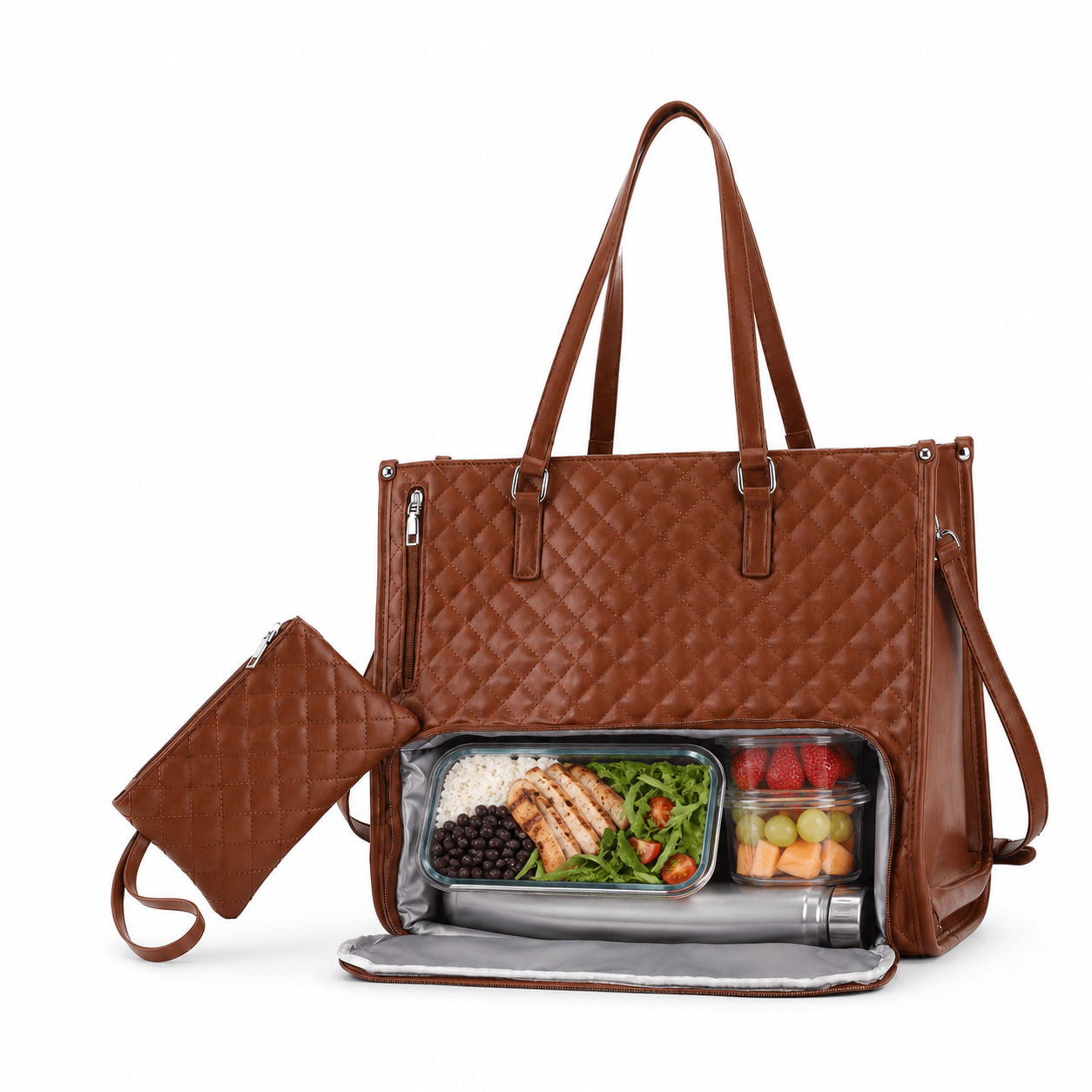Bolsa Tote Workday marrom com compartimento térmico aberto | Vivièn