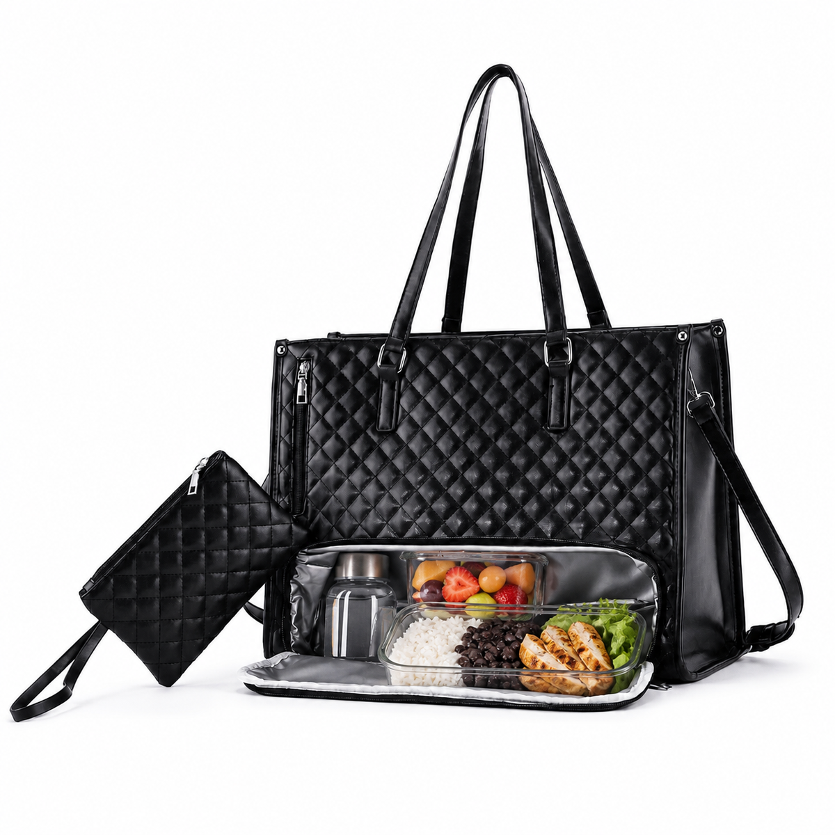 Bolsa Tote Workday preta com compartimento térmico aberto | Vivièn