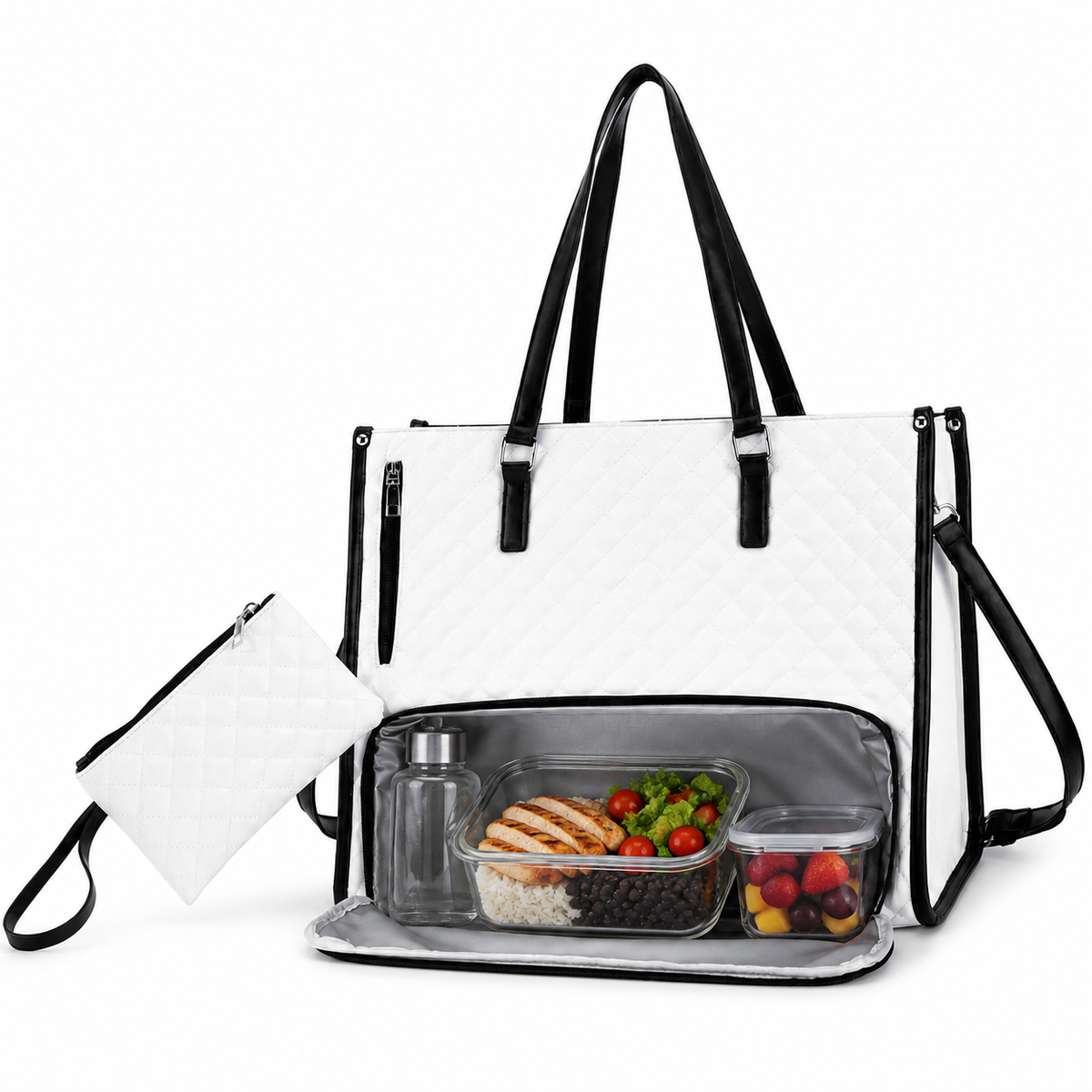 Bolsa Tote Workday branca com compartimento térmico aberto | Vivièn